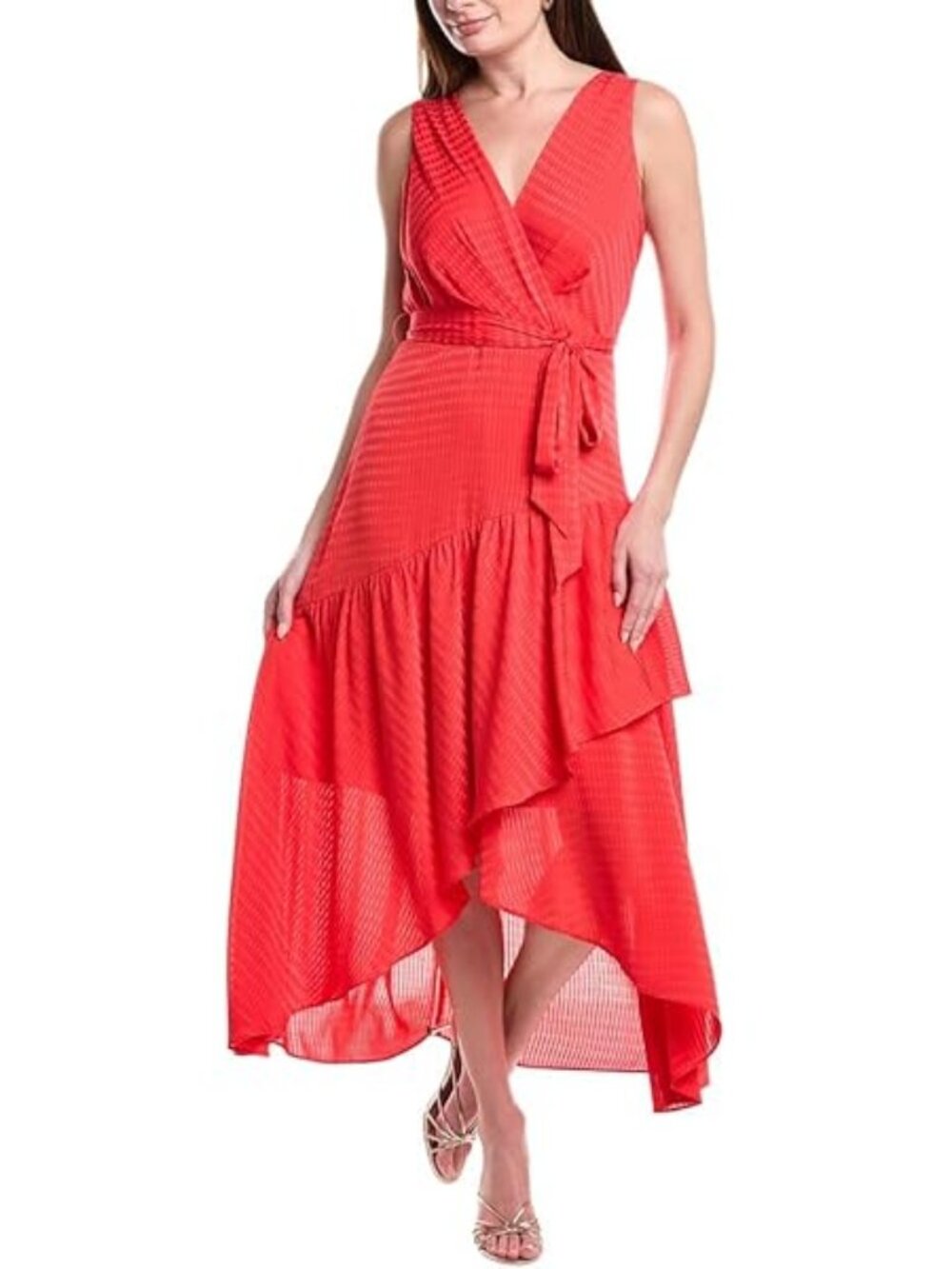 Anne Klein Women's Tie-Waist Ruffled-Hem Satin Maxi Dress Hibiscus Red Size 12